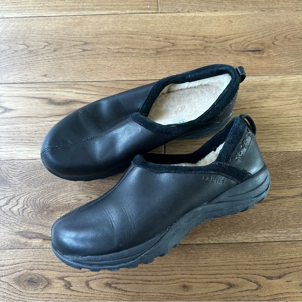 L.l.Bean Black Leather Shearling Lined Fur Clogs Slippers Shoes Sz9